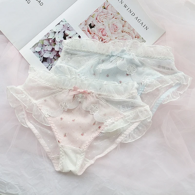 

Japanese Sexy Cute Underwear Women Panties White Blue Pink Kawaii Seamless Lingerie Femme Cute Panty Briefs Lace Bow Thongs New