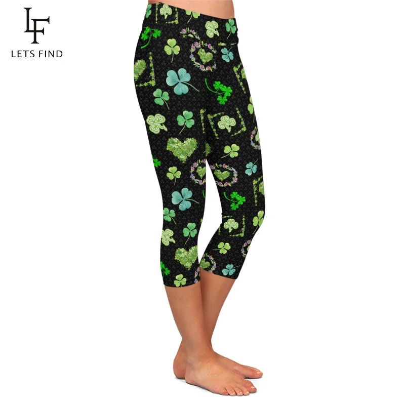 LETSFIND Beautiful Clover Design High Waist Capri Leggings Fashion Women Fitness Slim Mid-Calf Pants