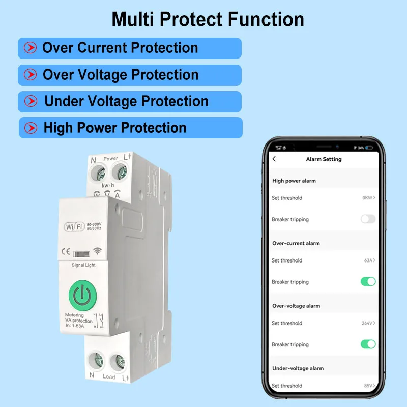 Tuya Smart Life WiFi 63A Timer Circuit Breaker Overload Protect App Power Monito