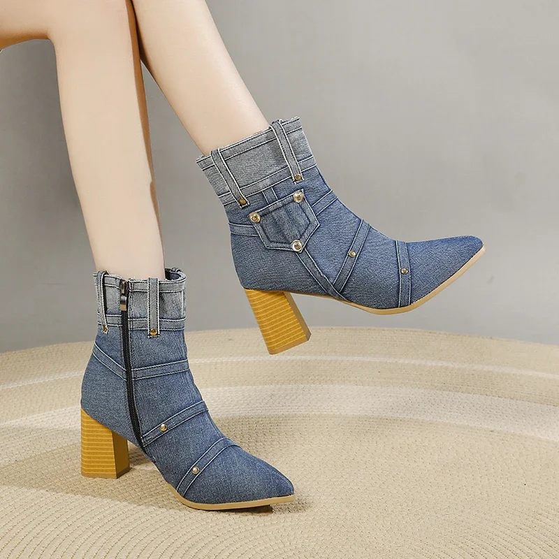 

Женские ботильоны с острым носком Deinm, зимние ботинки на высоком каблуке, плюшевые ботинки с заклепками и квадратным каблуком, теплые ботинки из хлопка, 2023