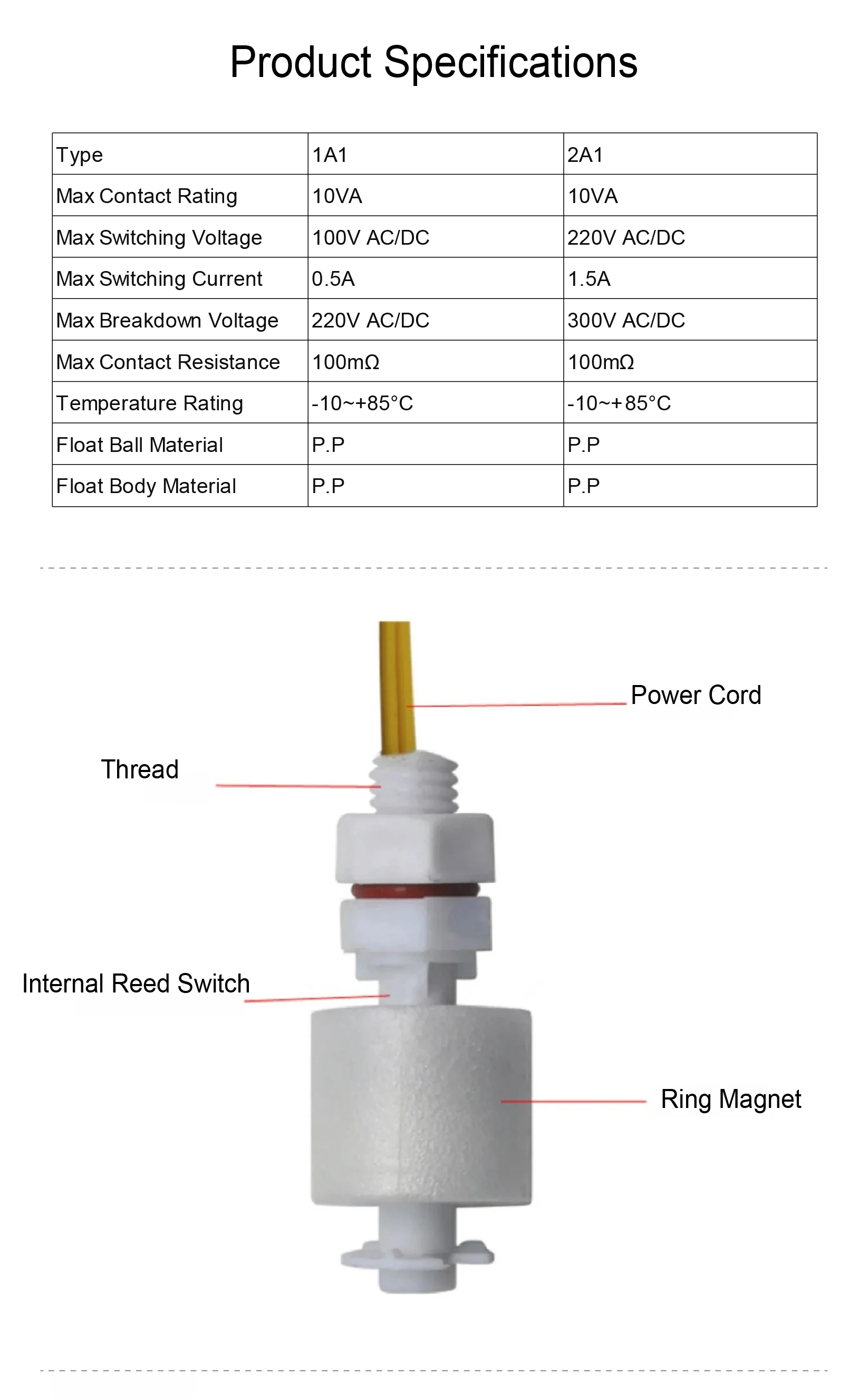 PP Float Level Switch Liquid Sensor Plastic Water Tank Acid Alkali Corrosion Res