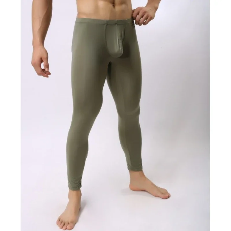 Pink Men's Exotic Pants Ice Silk Leggings Long Johns Ultra-thin Male Pouch Underpants Shapewear Lingerie Pajama Bottom Nightwear