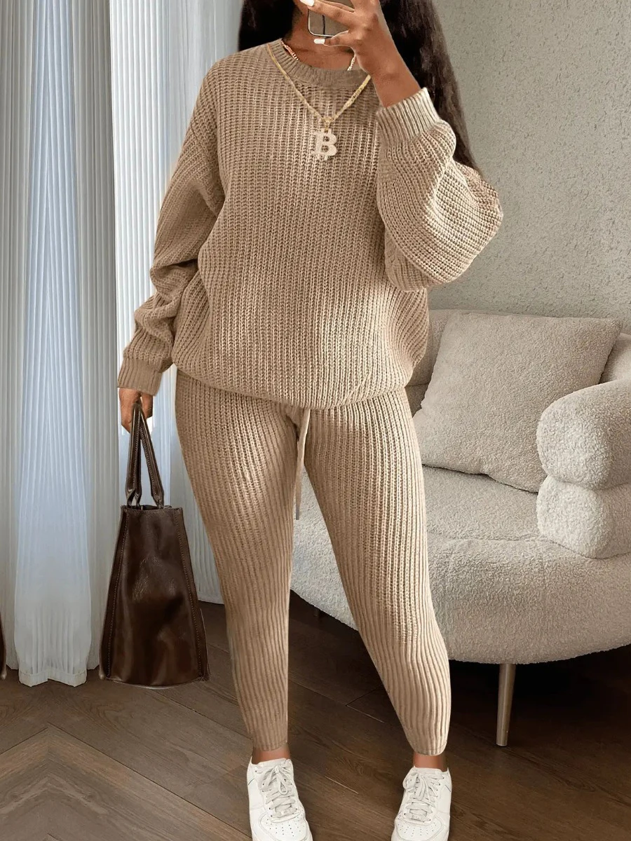 

LW Dropped Shoulder Drawstring Pants Set Women Solid Knitt Sweater Sets Autumn Winter warm Long Sleeve sweater Outfits