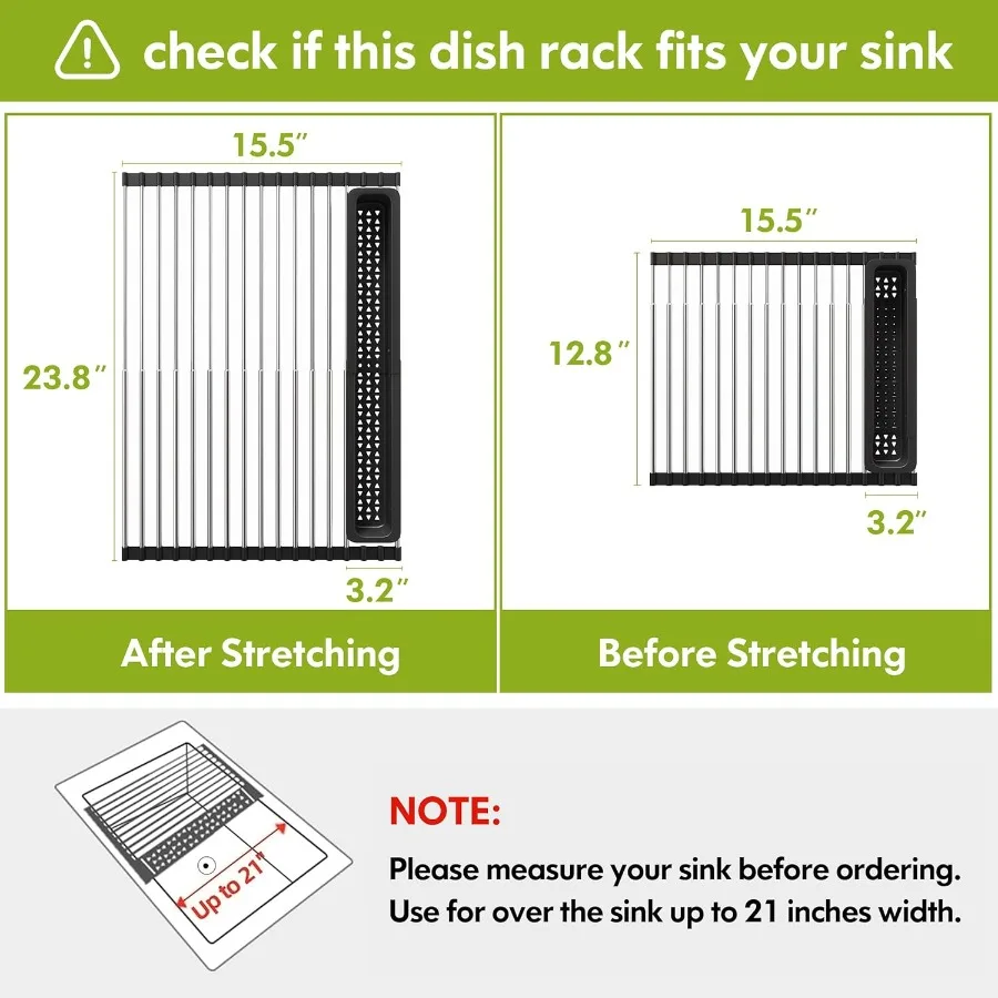 Dish Drying Rack Roll Up Dryer Rack for Inside Sink Expandable 12.823.8 D x 15.5 W 304 Stainless Steel Dish Drainers for Kitche