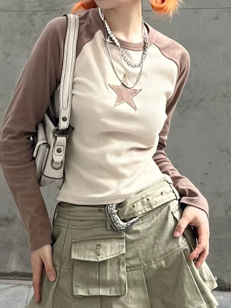 [GRAVER]★25SS★韓国人気★OF STAR STRIPES LONG SLEEVE Vintage Star Brown Crop Tops Women Hippie Korean Fashion