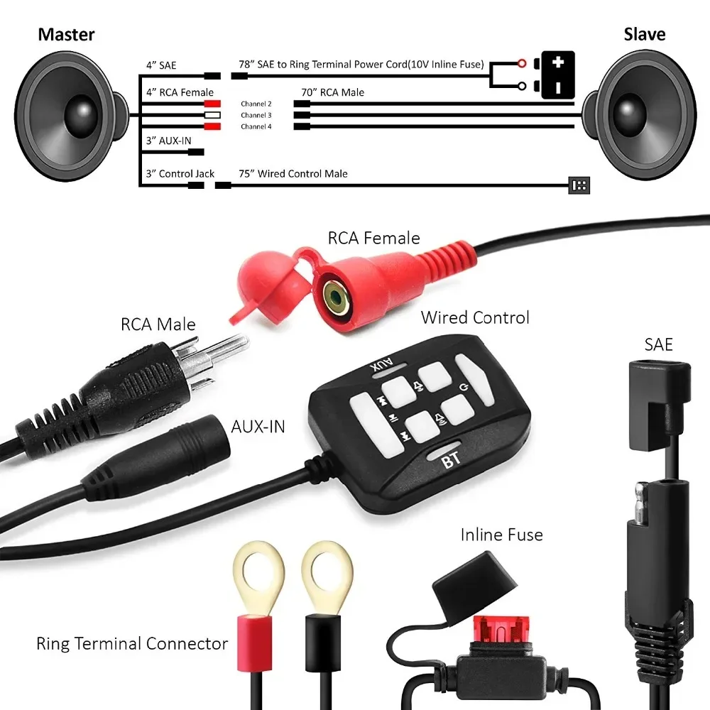 Waterproof 4.5 Inches Motorcycle Bluetooth Speakers Stereo Audio System with 1200W 4CH Built-in Amplifier, USB and AUX MP3 Input