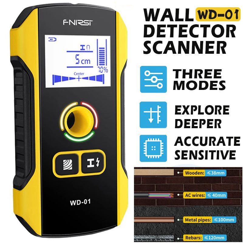 FNIRSI WD-01 Metal Detector Wall Detector Scanner Wooden AC Wires Metal Pipes Rebars Detecting Tool Indicator Light Positioning