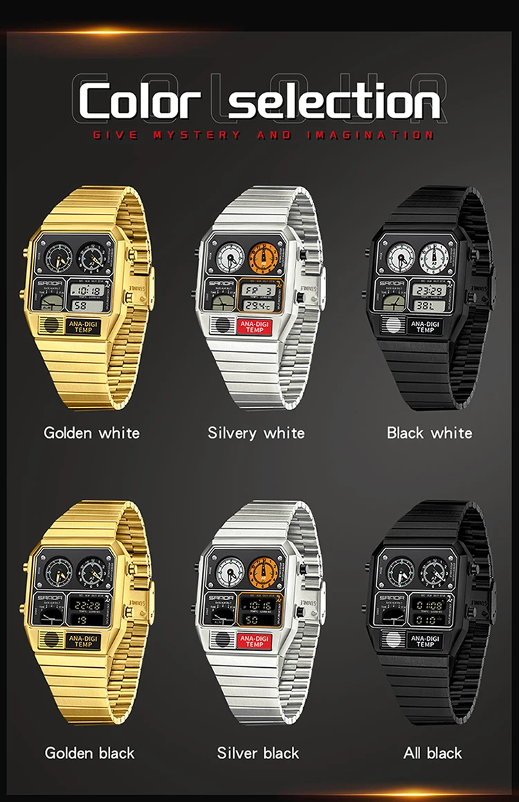 SANDA Electronic Watch Men Square Steel Band Digital Wristwatch Temperature Measurement Stopwatch Timing Multifunctional Watch