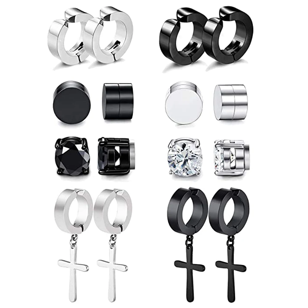 8 Pairs Magnetic Stud Earrings for Men Women Stainless Steel Hoop Cross Non  Piercing Fake Gauges Earring Black CZ Magnet Earring|Clip Earrings| -  AliExpress