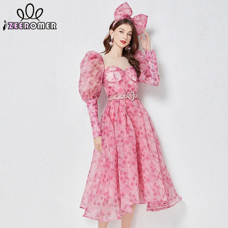 

Женское платье принцессы из органзы, подиумное розовое праздничное платье-трапеция с О-образным вырезом, буффами и длинным рукавом, с поясом и повязкой на голову, осень 2022