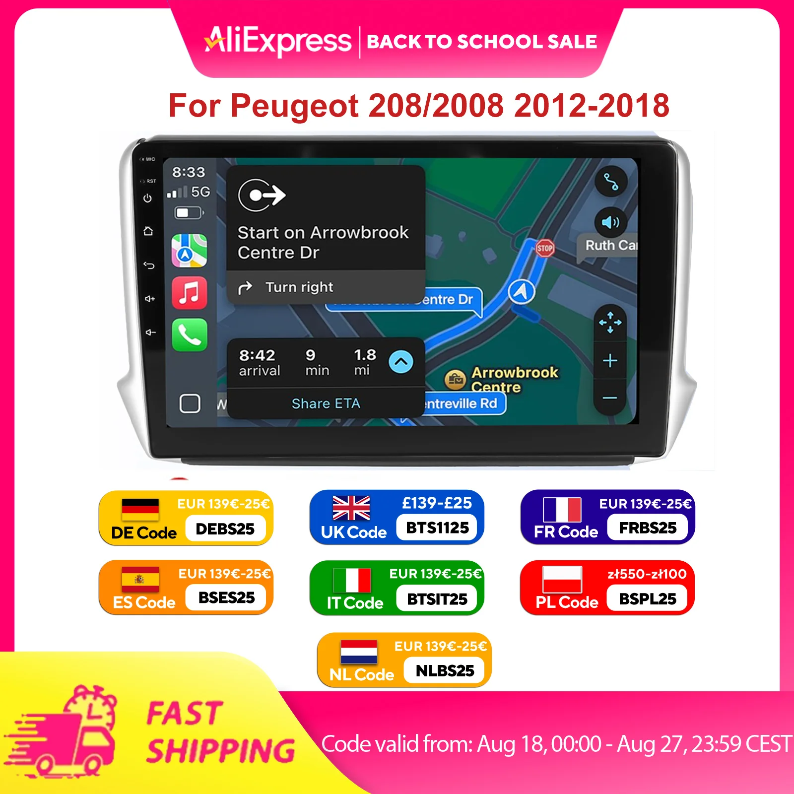 ESSGOO 9 Zoll HD-Touchscreen Android 14 GPS-Navigation Lenkradsteuerung Bluetooth FM WiFi-Verbindung USB Für Peugeot 208/2008 2012-2018 Autoradio Mirror Link Wireless CarPlay Android Auto Multimedia-Videoplayer