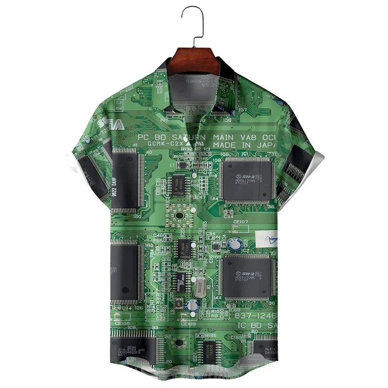 thumbnail image 1 of Camisa con estampado 3D de chip electrónico para hombre, camisa retro minimalista informal de verano, camisa personalizada con botón de ingeniero para hombre, 1 of 5