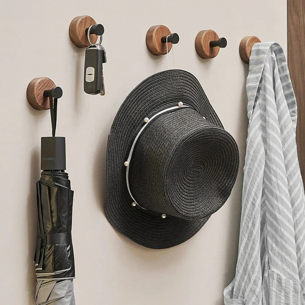 Walnut Wood Door Hook Adhesive Bathroom Towel Rack No-Drill Wall-Mounted Coat Hanger Wooden Hook for Kitchen or Bathroom