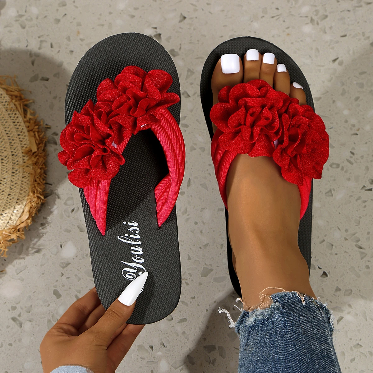 New Women's Heel Thick Sole Slides Flower Decor Comfortable Home Slippers Casual Lightweight Beach Flip Flops Women