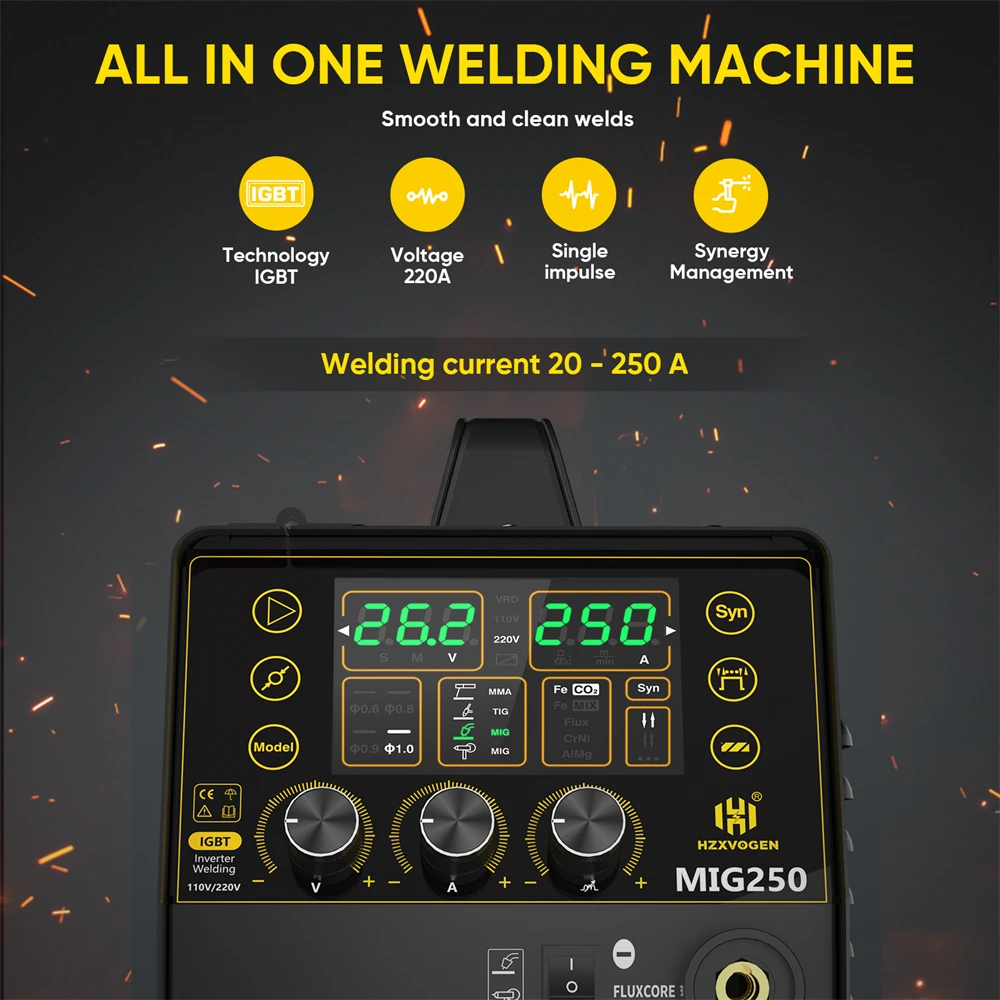 HZXVOGEN 250A 5 in 1 Aluminum Welding Machine ARC/Gas Gasless MIG/LIFT TIG Spot Welding Portable Welder for Home Industrial Use