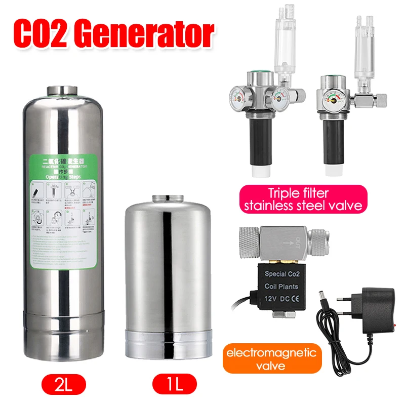2L/1L Aquarium Fish Tank CO2 Generator Stainless Steel Bottle High Pressure Stainless Steel Gas Cylinder Aquarium Accessories