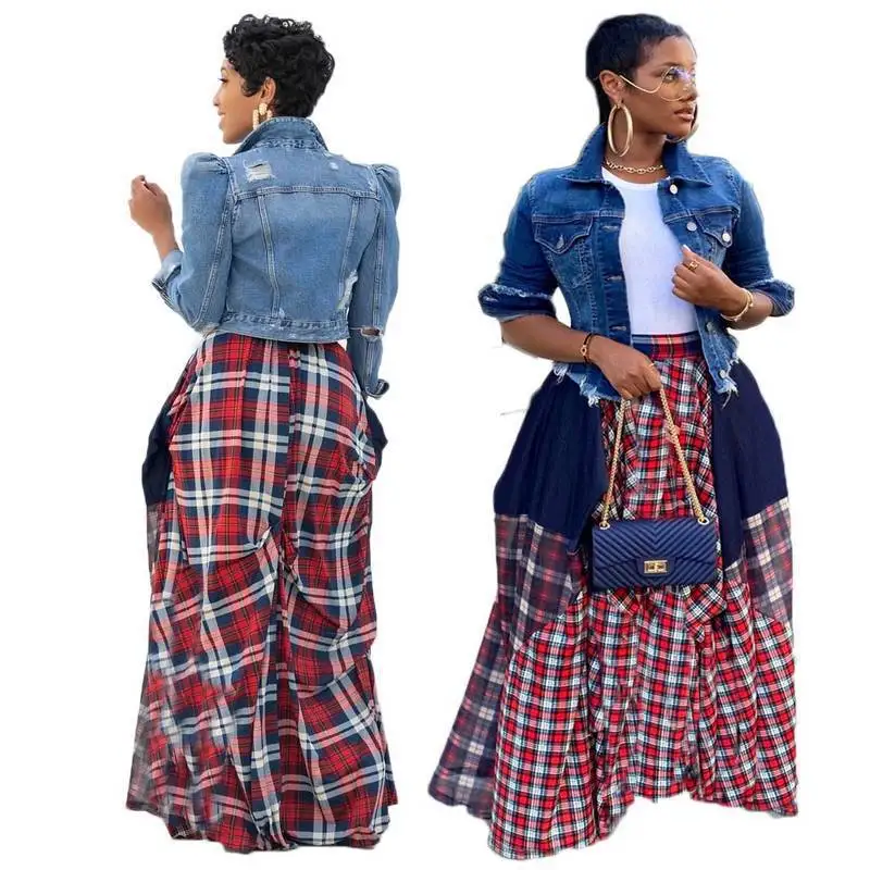 Plaid Print Patchwork Loose Women Maxi Skirt 2023 Summer Fashion Multi Colors Elastic Waist Skirts Streetwear Vacation Christmas new men s christmas sweaters fashion jacquard knit button cardigan thicker warm lapel print sweater jacket men s winter clothing