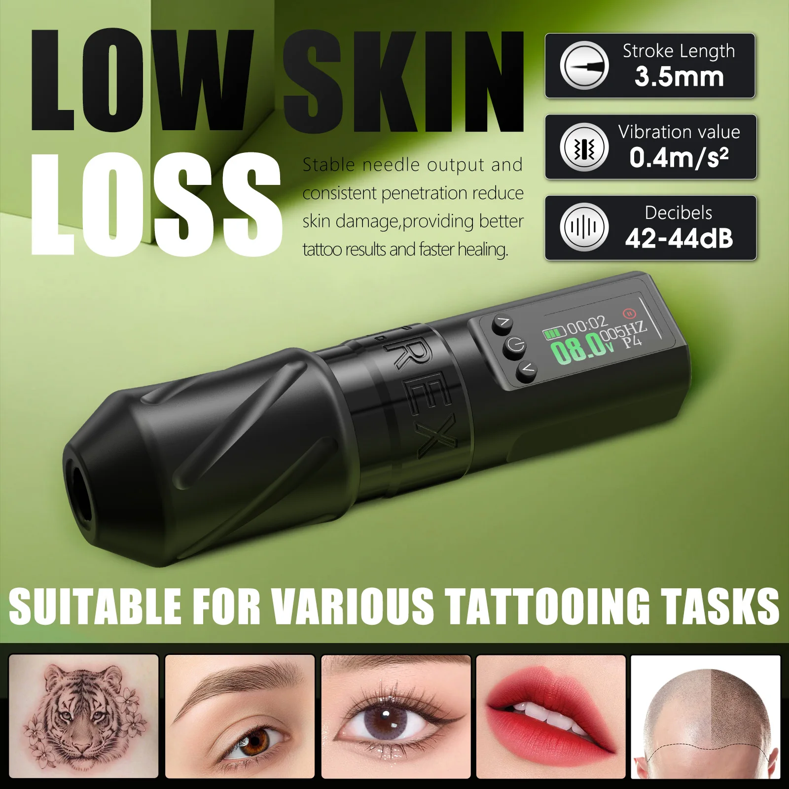 T-Rex Wireless Tattoo Machine with 1600mAh Battery Smart Display Rotating Cartridge Gun 3.5mm Travel