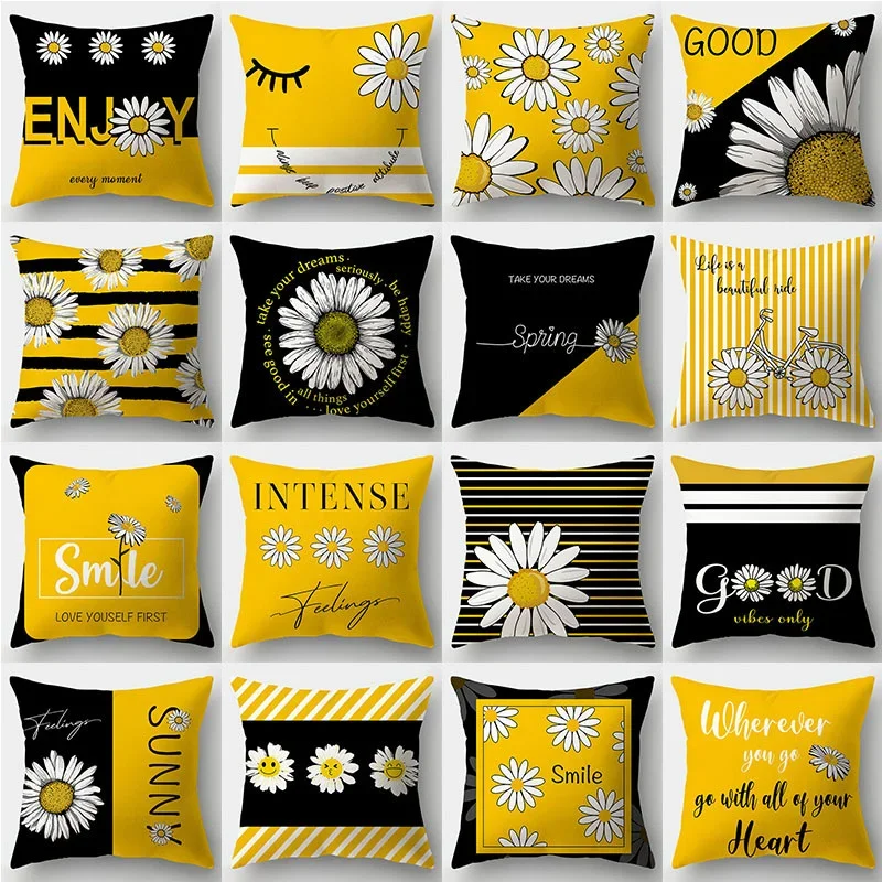 

Modern Daisy Flower Cushion Cover Creative Letter Print Pillow Case Custom Polyester Pillowcase Home Decor