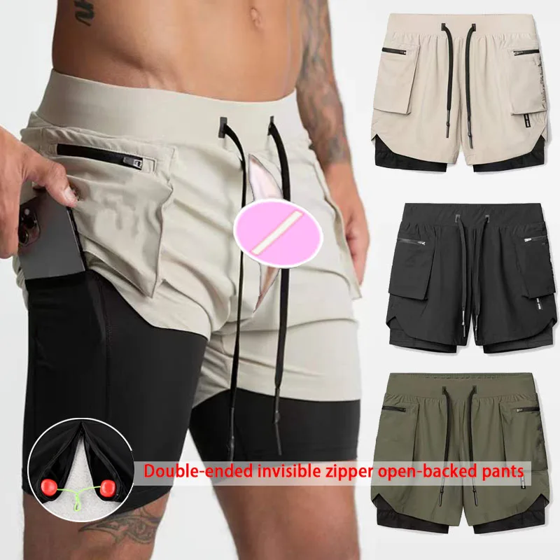 Summer Men's Fitness Short Anti-Invisible Open Crotch Sports Short Men Quick-Drying Breathable Multi-Pocket Zipper 5 Point Short