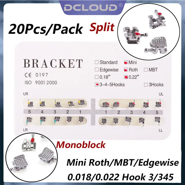 20Pcs/Pack Dental Orthodontic Brackets Metal Bracket Braces Monoblock/Split Welding Mini Roth/MBT/Edgewise 022/018 Hooks 345/3