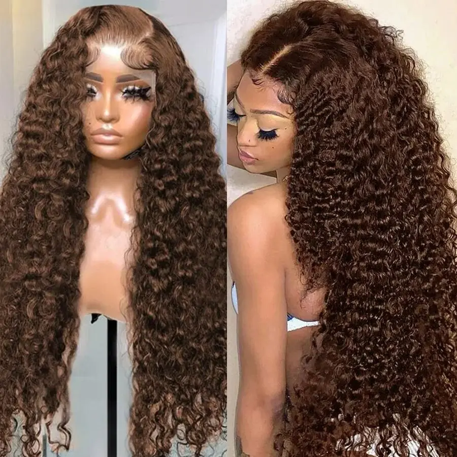 Colored Chocolate Brown Curly 13x4 Lace Front Human Hair Wig 13x6 Brazilian Deep Wave Transparent Lace Frontal Wig Glueless Wigs