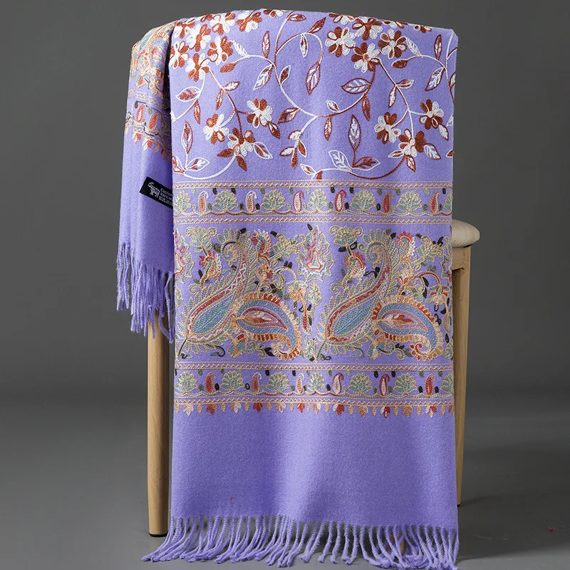 Embroider Flower Cashmere Pashmina Women Thicken Warm Winter Scarf