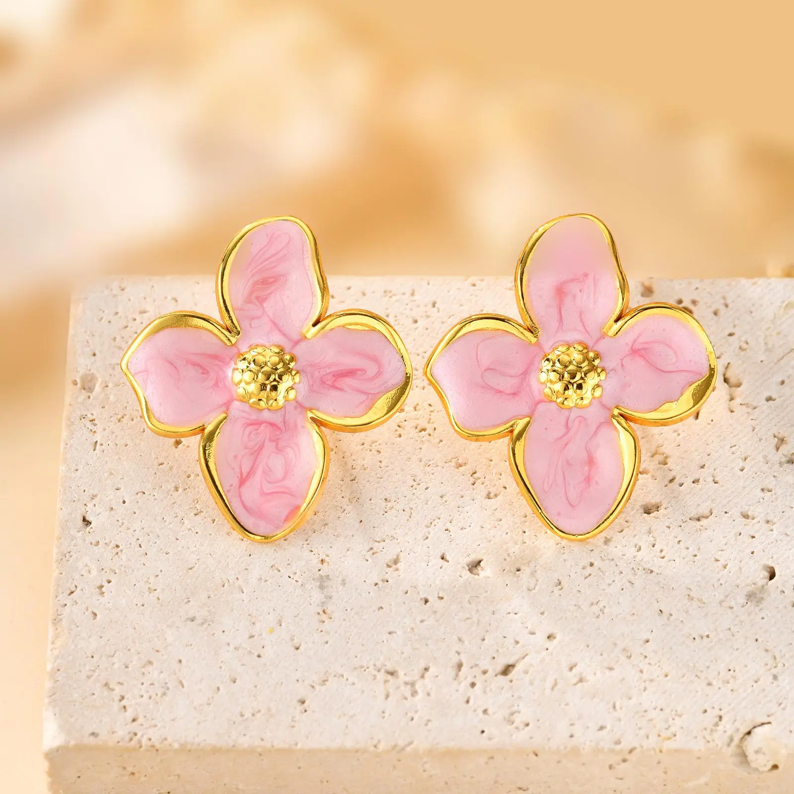 Elegant Pink/white Four-petal Flower Earrings for Women