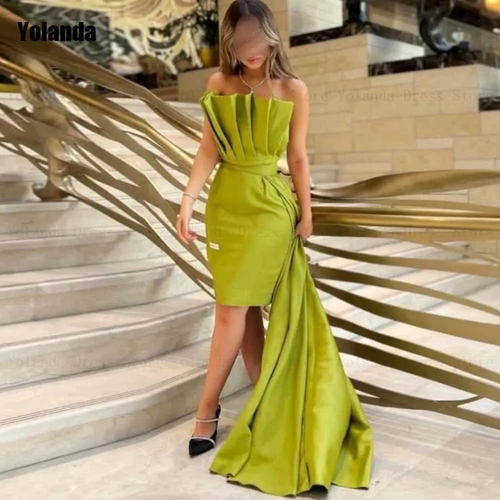 

2024 A-line Evening Dresses Strapless Ruffle Sleeveless Belt Draped Pleat Satin Open Back Party Dress Anke Length Robe de soirée