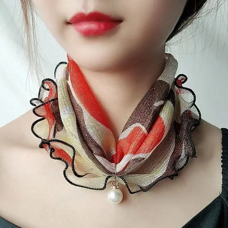 New Fashion Neck Collar Print Shiny Variety Loop Scarf Ruffle Lace Scarf Pearl Pendant Organza Chiffon Scarves Bandana Headband 4
