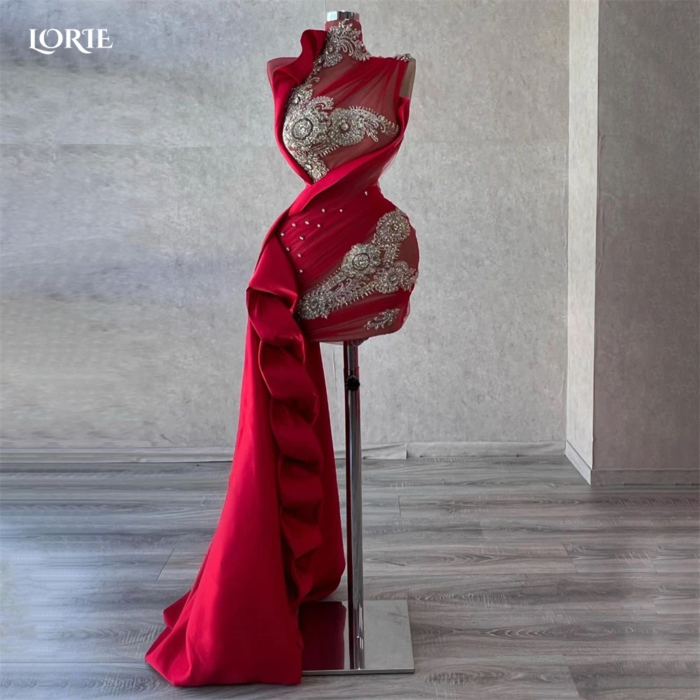 LORIE Red Cocktail Party Gowns Ruffles Train Mini High Neck Beadings Pleats Evening Dresses Saudi Arabia Dubai Prom Dress