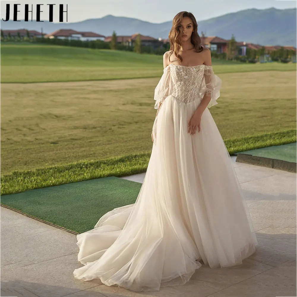 

JEHETH Romantic Boat Neck A-Line Wedding Dress Classic Puff Sleeves Tulle Bridal Gowns Back Zipper Vestidos De Novia Custom Made