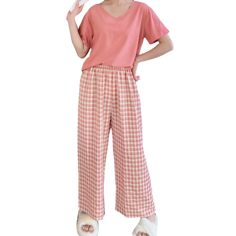 

Women Pajama Set Soft Breathable Sleepwear 2-Piece Printed Long Pants Solid T-shirt Ladies Loose Loungewear Casual Homewear