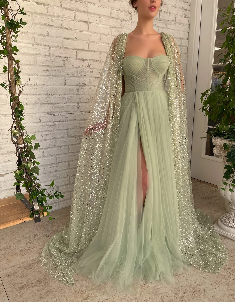 

SWeetheart 2024 Sage Green A-Line Prom Dresses With Glitter Sequins Lace Cape High Slit Tulle Evening Gowns Formal Party Gowns