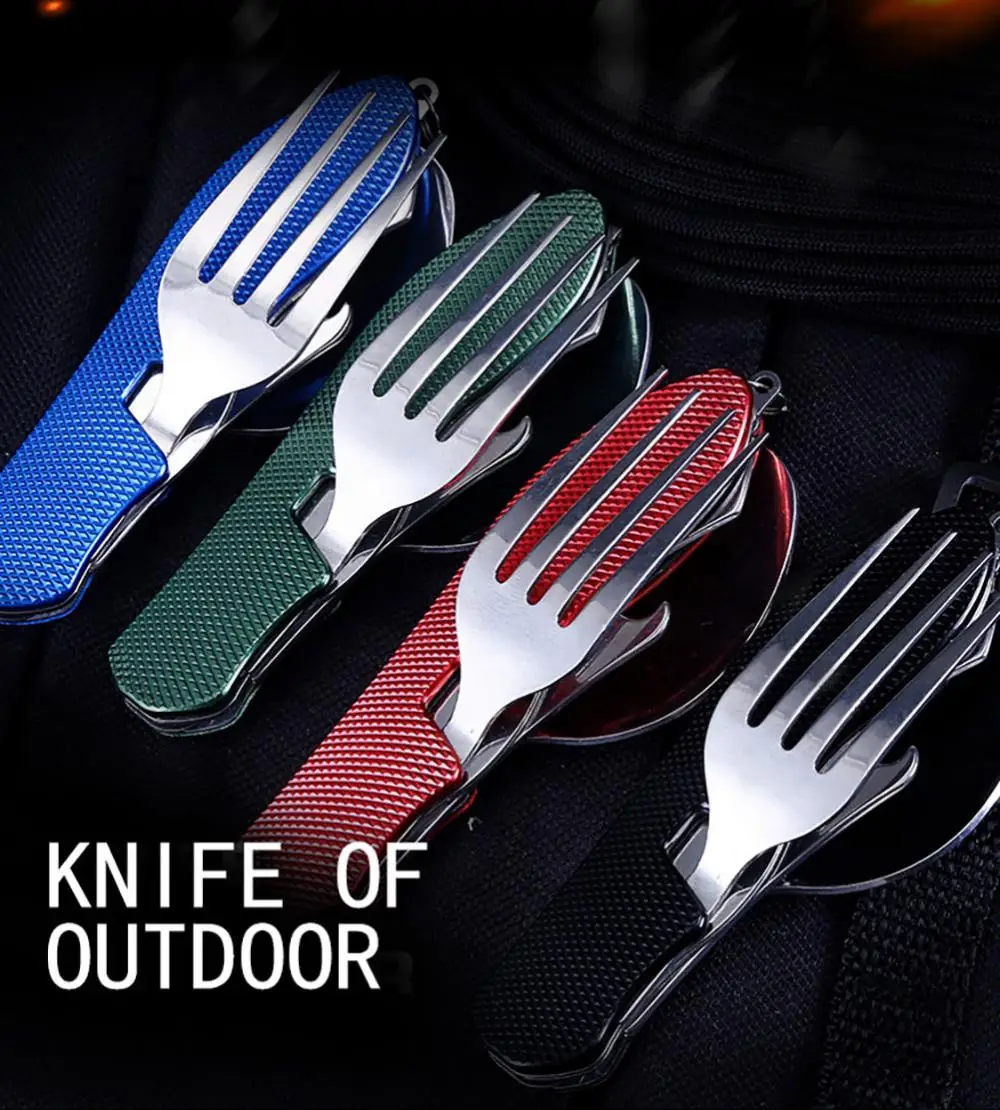 Camping Cutlery Set Stainless Steel 4-In-1 Foldable Tablespoon Set Spoon Knife Fork Bottle Opener Folding Pocket Kits Outdoor Camping Tableware Set