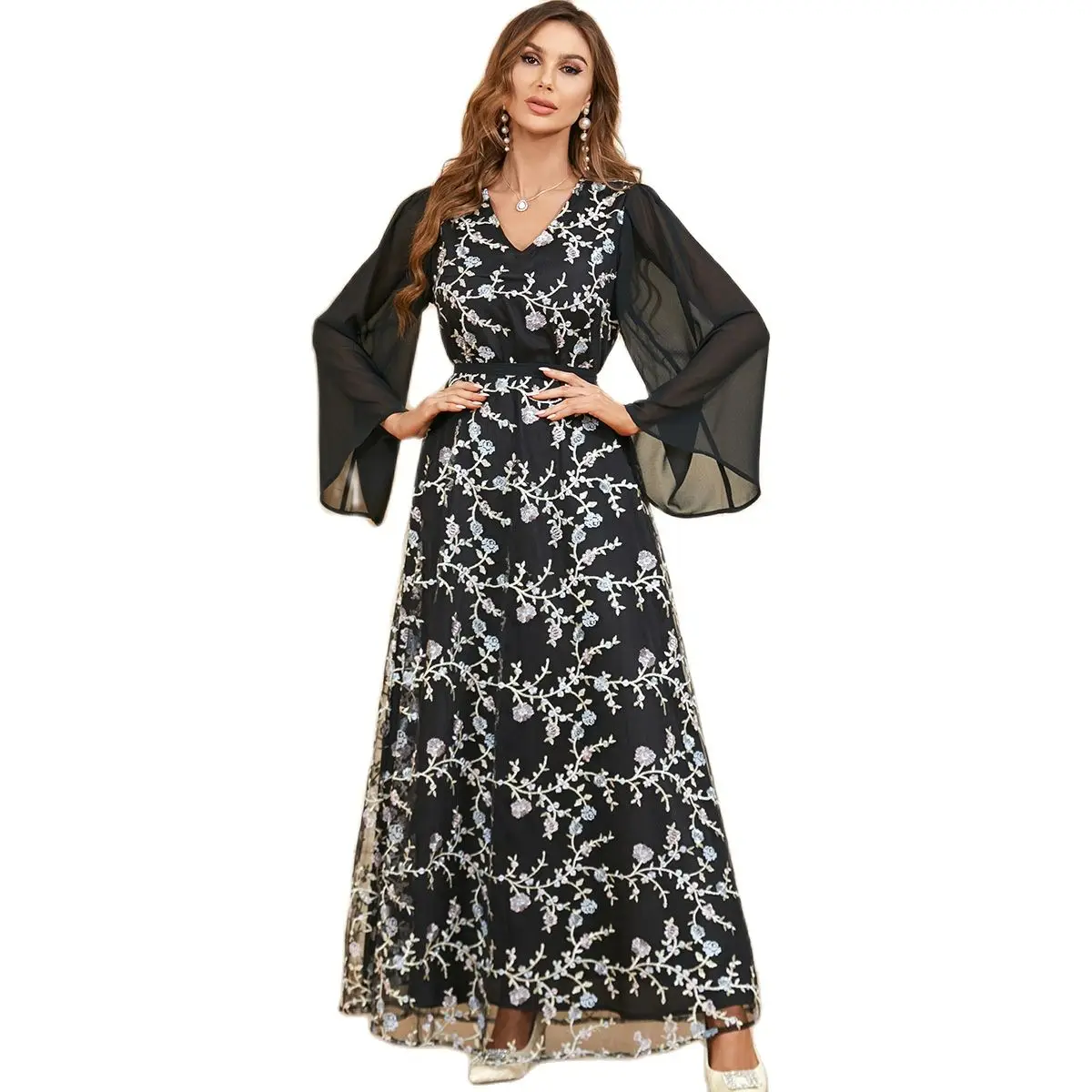

Muslim Women's Abaya Long Luxurious Hijab DressesFull Sleeve Chiffon Maxi Dress for Summer Turkish Dresses