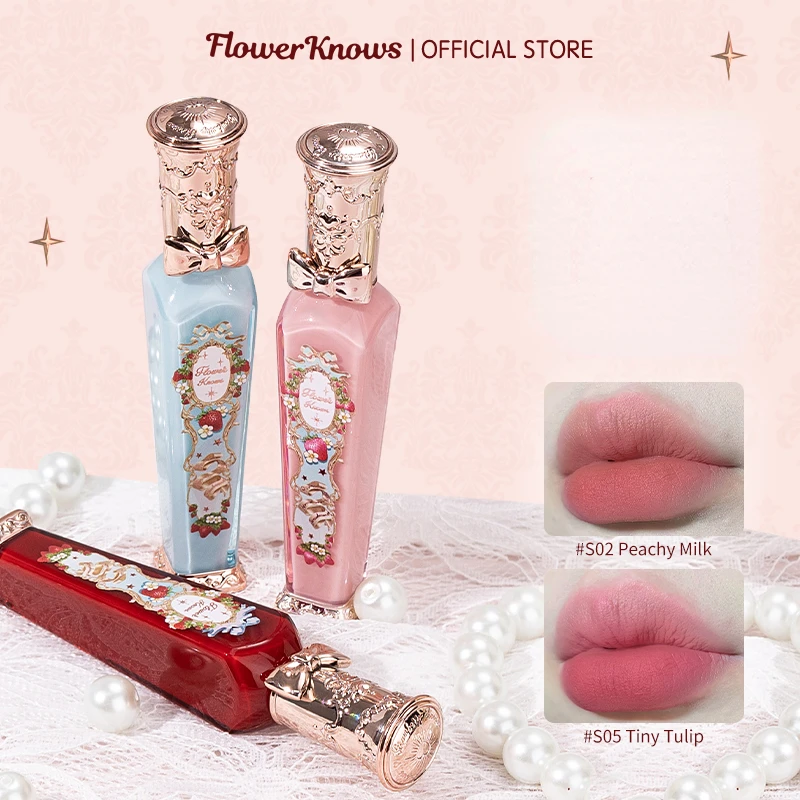 Flower Knows Strawberry Rococo Series Cloud Lip Cream Lipsticks Beauty Glazed Mirror Lip Gloss Delicate Lipstick 3.5g