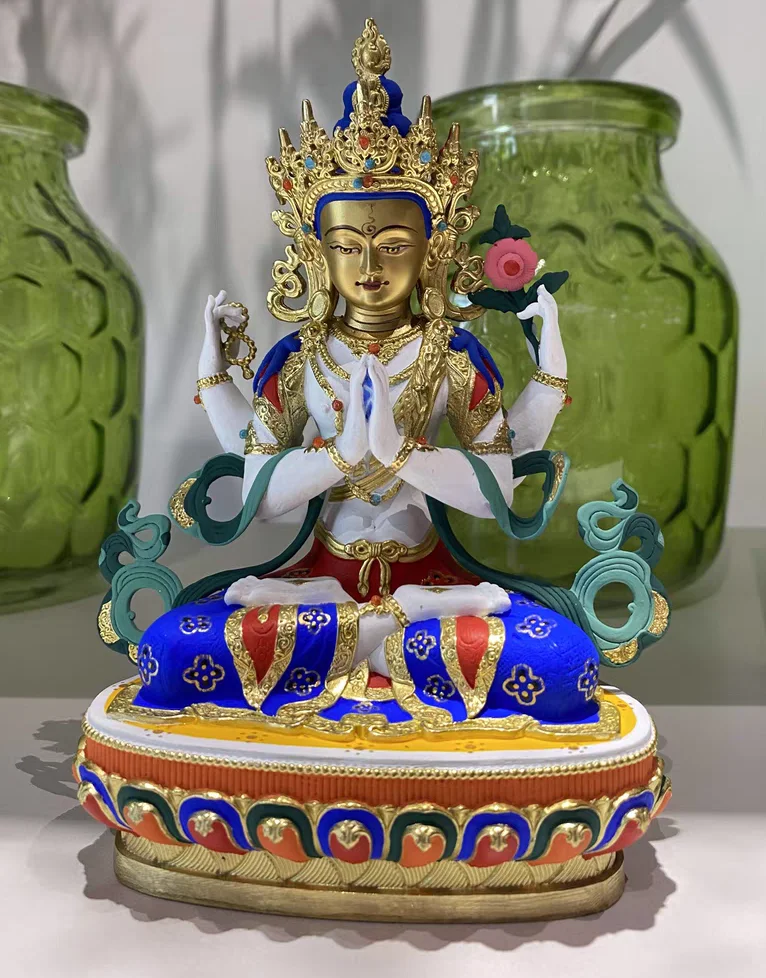 

Tibet Nepal High grade Buddha statue HOME efficacious Protection color Paint Four-armed Guan yin Bodhisattva Gold-plated statue