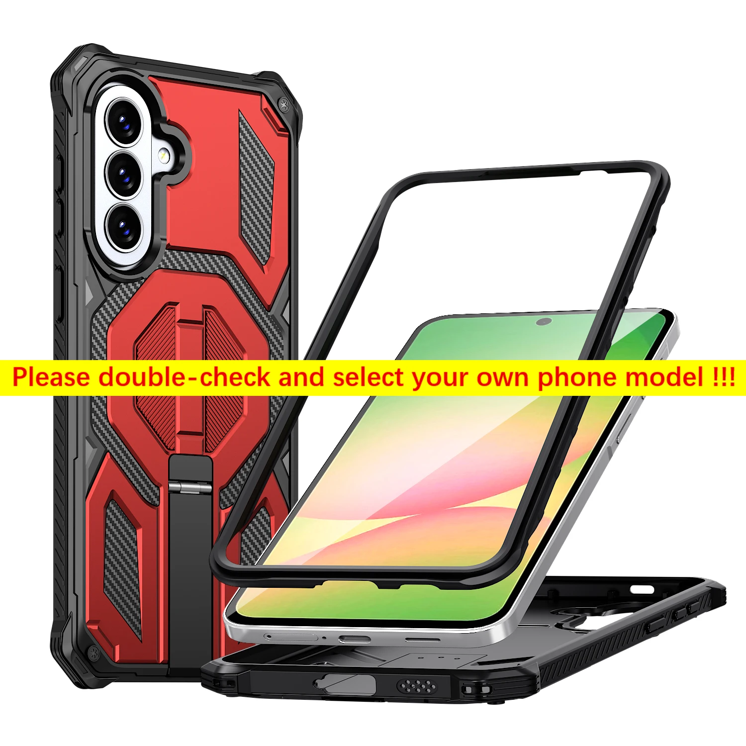 Rugged Armor Phone Case with Magnetic Stand and Rotating Cover