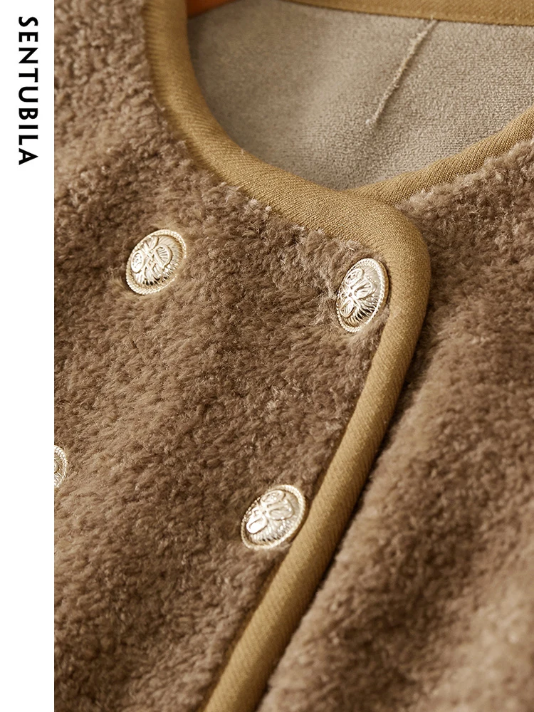 SENTUBILA Fur Integrated Fashion Coat for Women 2023 Autumn Winter Round Neck Faux Fur Coat Double Breasted Crop Top W34P50138