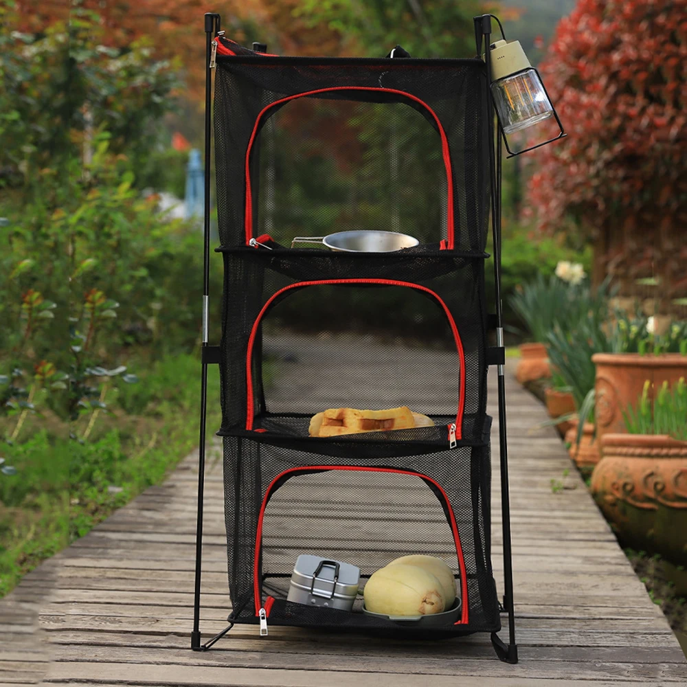 Camping Storage Drying Net 3 Layer Outdoor Hanging Mesh Drying Rack Net Basket with Poles for Cookware Tableware Plates Fruit 5