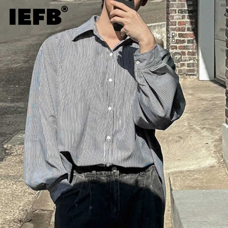 

Мужская рубашка с отложным воротником IEFB, повседневная однобортная рубашка в полоску, с длинным рукавом, в Корейском стиле, Новинка лета 2024, 9C6614