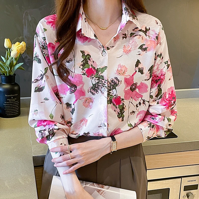 

2023 Summer New Shirt Women Blouse Long Sleeved Chiffon Printing Lapel Collar Korean Fashion Loose Top Picture Color