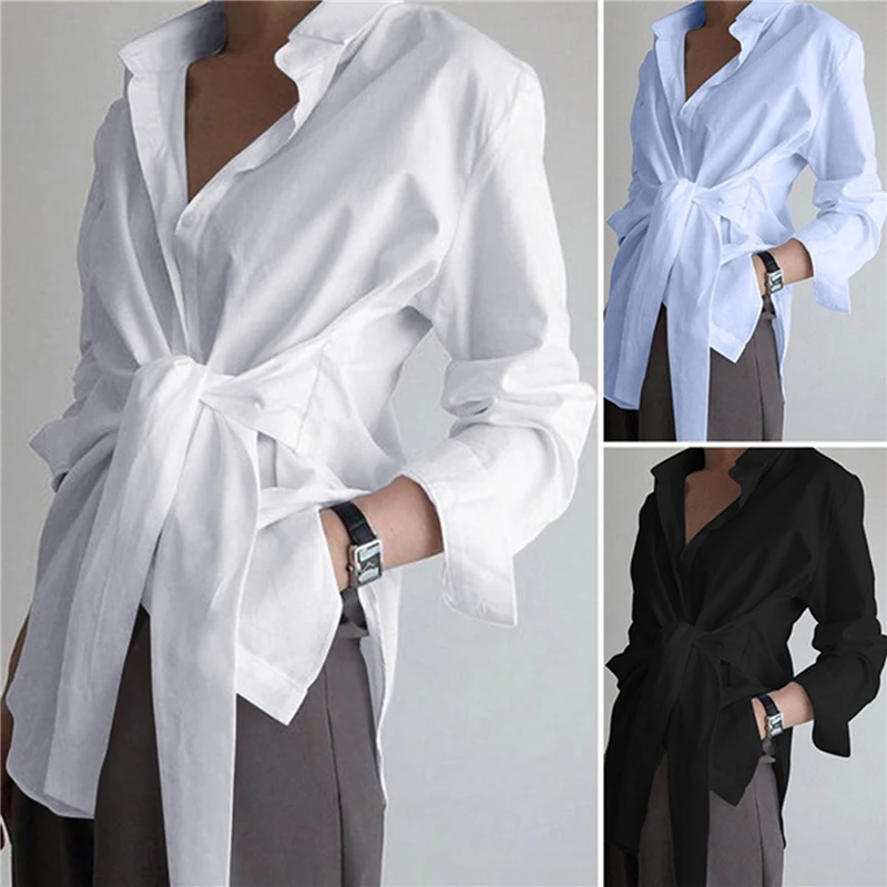 

Stylish Lace Up Top Women's Asymmetrical Blouse 2024 Casual Long Sleeve Chemise Female Button Work Blusas Tunic