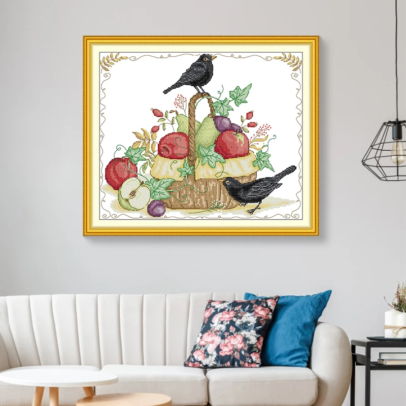 DIY Embroidery Cross Stitch Full Kit The Fruit Basket And The Crow Pattern Counted Printed Canvas Aida 16/14/11CT Needle Arts – Detail 4