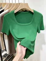 2024 New Sle Women's Slim Fit ort Sve T-irt Square Collar Tead Design Faionable Spring Summer Top Casual Wear