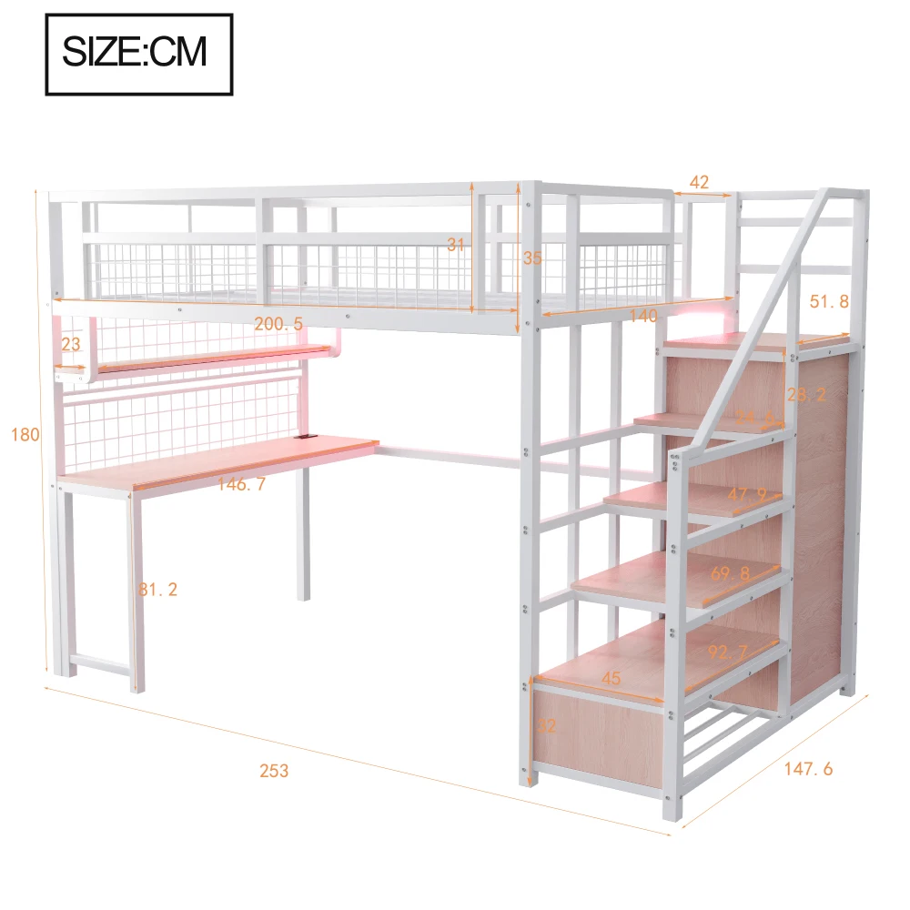 Metall-Hochbett 140×200cm, Multifunktionales Jugendbett mit Stauraumleiter & Kleiderschrank, Schreibtisch, Regal, Netzgitter, LED-Streifen & Steckdose – Detail 23
