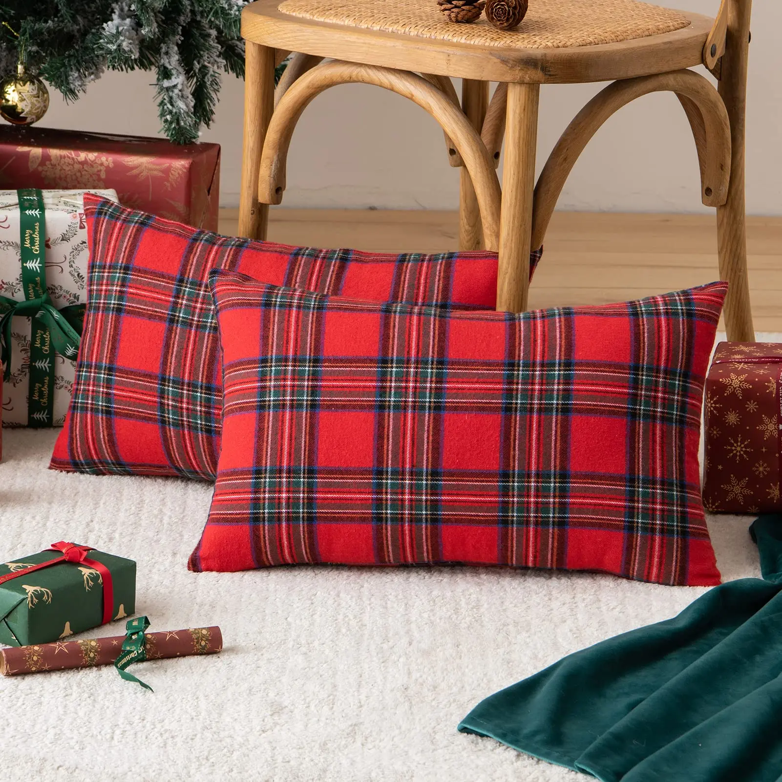 Christmas Red Tartan Cushion Covers 45x45cm Pillow Cases Christmas