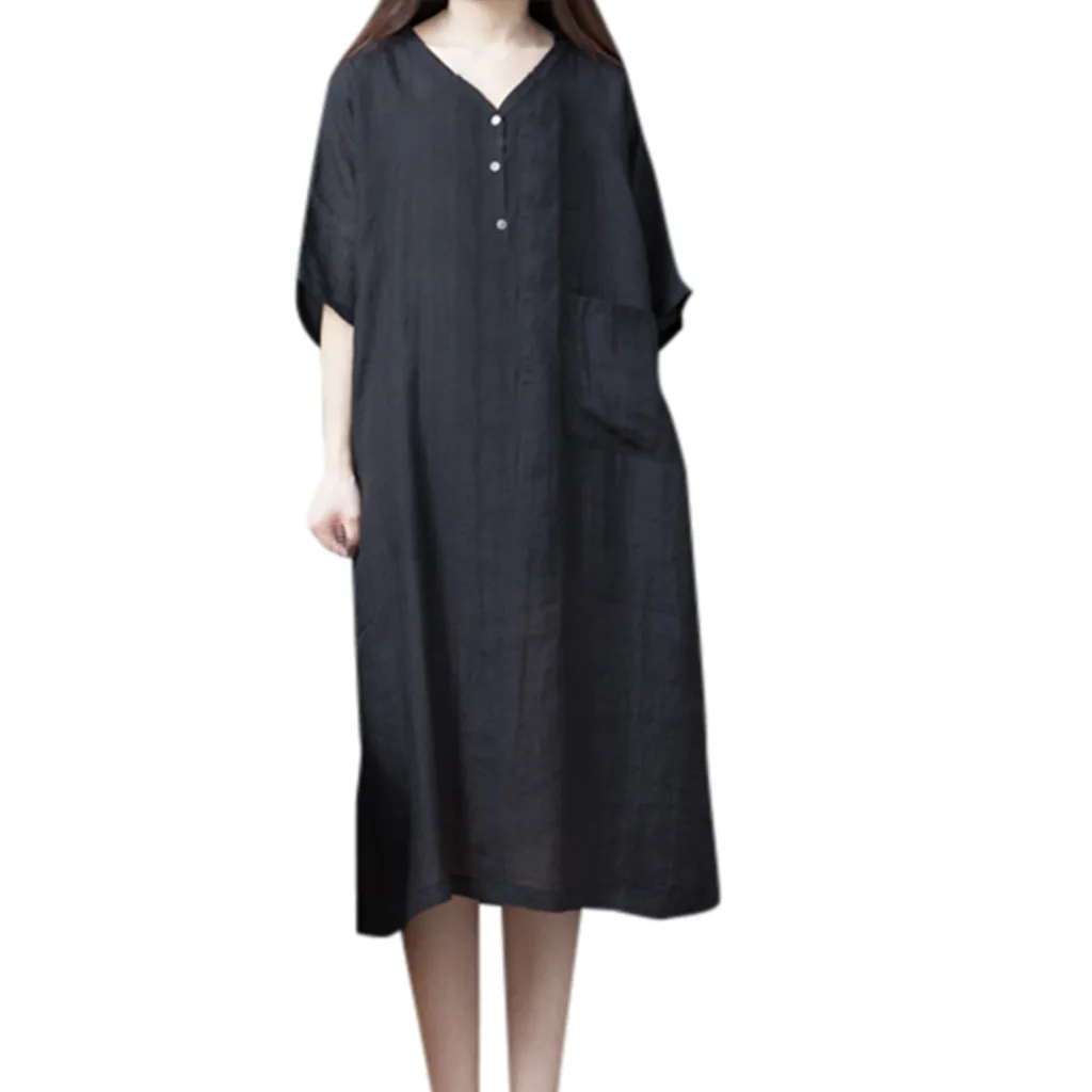 

Women Solid Color V-neck Half Sleeve Fashion Loose Plus Size Long Dress Street Style summer dress ropa de mujer