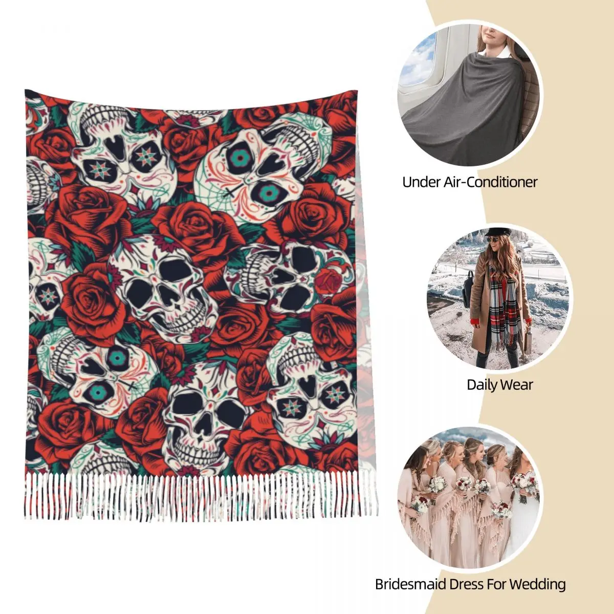 Vintage Floral Skull Scarf for Women Fall Winter Cashmere Shawls and Wrap Roses Long Large Shawl Scarf Daily Wear 4